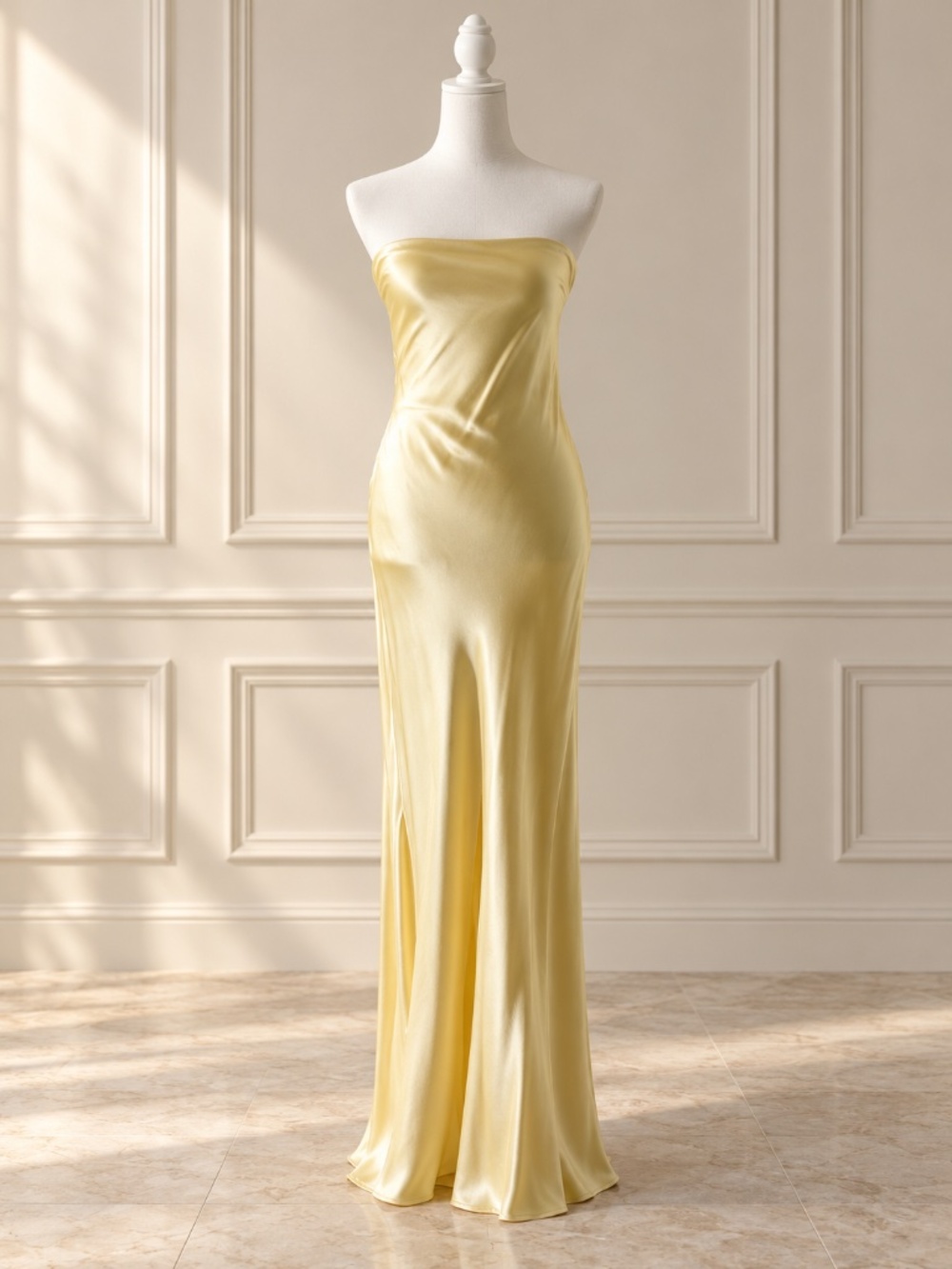 Hello Molly XS Felicity Strapless Satin Maxi Dress in pale yellow